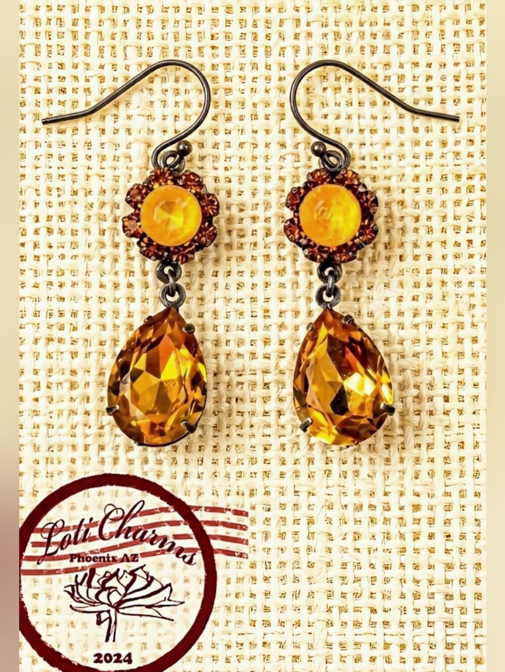 Victorian Golden Yellow Swarovski Elements Flower Crystals In Brass Earrings